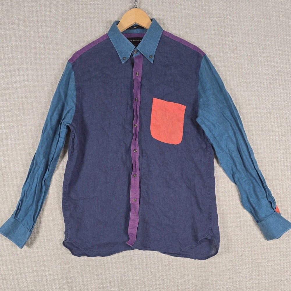 Paul Fredrick Mens Linen Colorblock Button Down Shirt Slim Fit Large Navy Purple